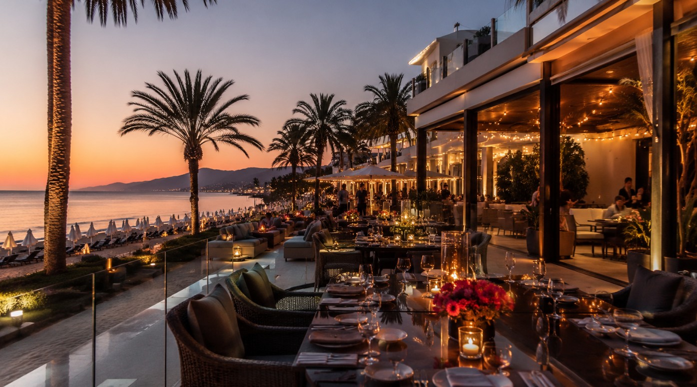 Luksuzna terasa restorana uz plažu u Marbelji pri zalasku sunca, sa palmama, pogledom na more i elegantnom večernjom atmosferom