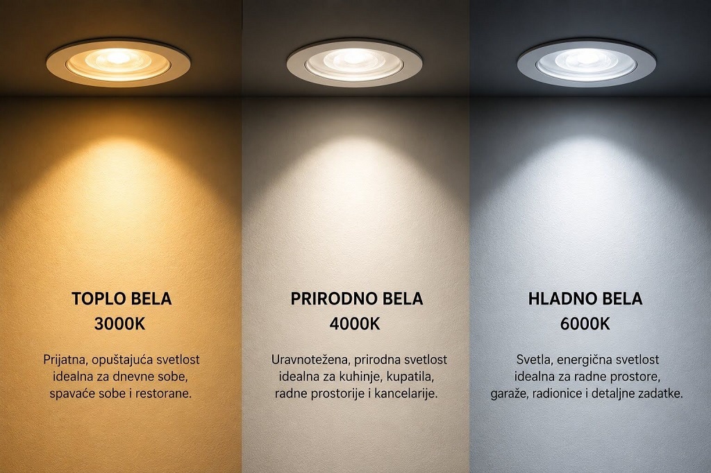 Prikaz tri temperature boje svetla kod LED rasvete: toplo bela 3000K, prirodno bela 4000K i hladno bela 6000K
