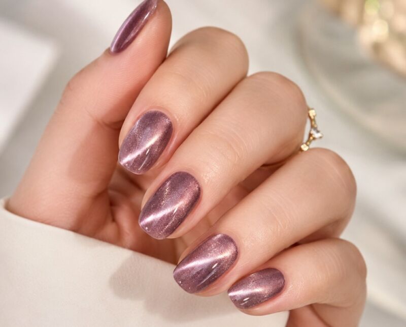 Cat-eye nokti sa velvet efektom u svetloj roze-ljubičastoj nijansi