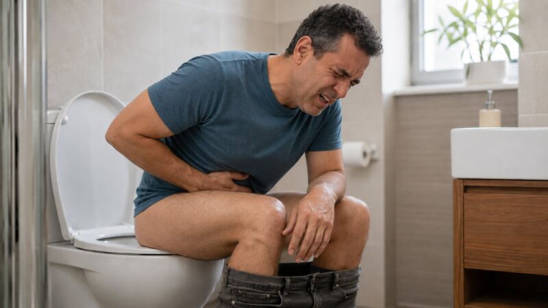 Muškarac sa bolovima sedi na WC šolji tokom akutnih tegoba izazvanih tromboziranim hemoroidima.