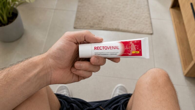 Muškarac iz svoje perspektive drži tubu RECTOVENAL® anorektalnog preparata dok sedi u kupatilu.