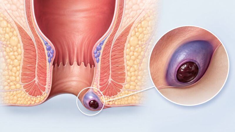Medicinska ilustracija analnog kanala sa uvećanim prikazom tromboziranog spoljašnjeg hemoroida i krvnog ugruška.