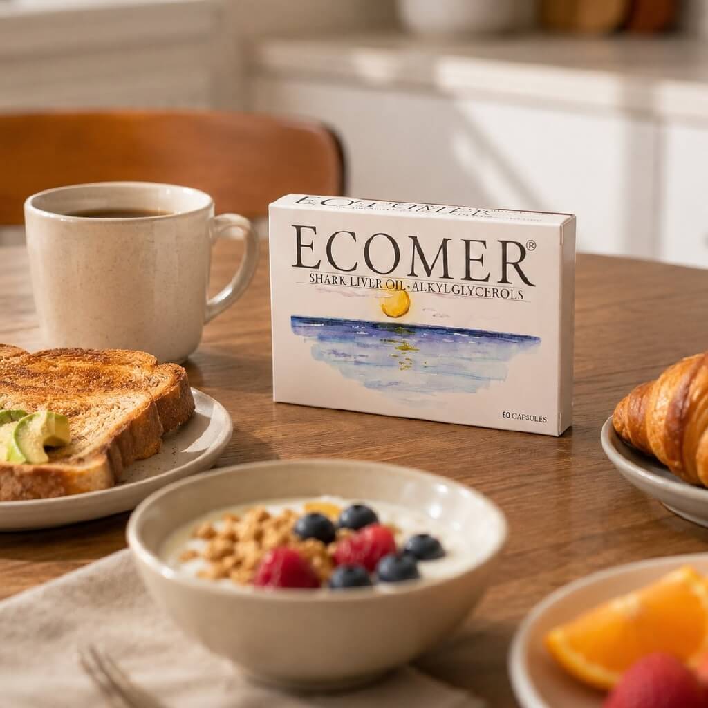Ecomer pakovanje na stolu pored doručka, kafe, voća i jogurta