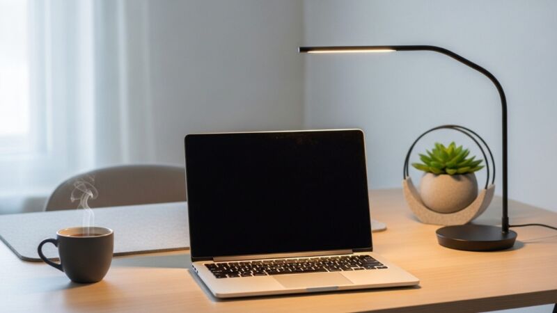 Laptop i LED lampa na urednom radnom stolu.